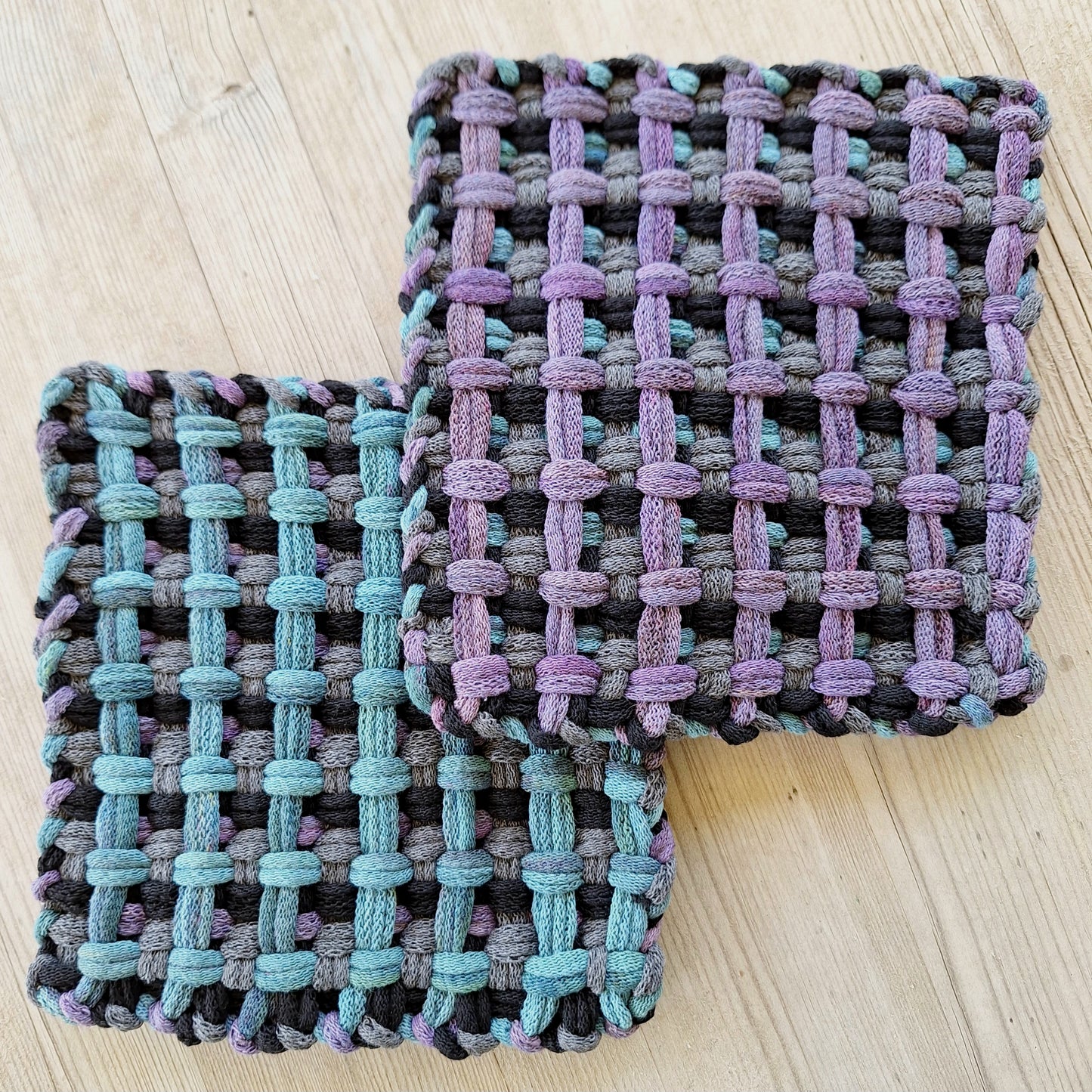 Minnesota Waffle handwoven potholders in dusty teal and purple
