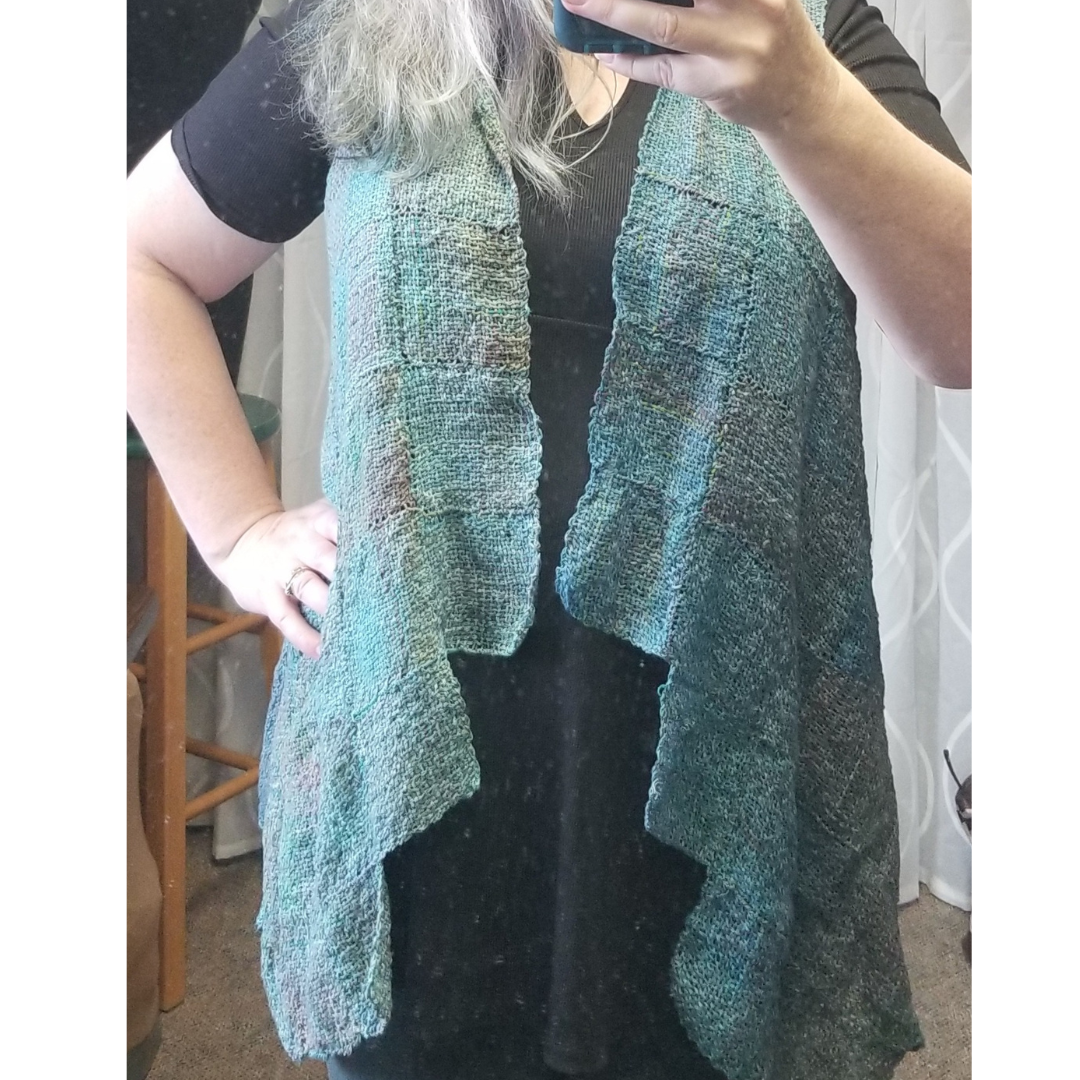 Zoom Loom Vest pattern woven with hand dyed upcycled cotton