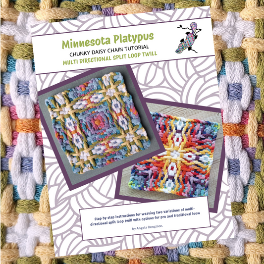 Minnesota Platypus chunky daisy chain tutorial with woven samples on a textured fabric background