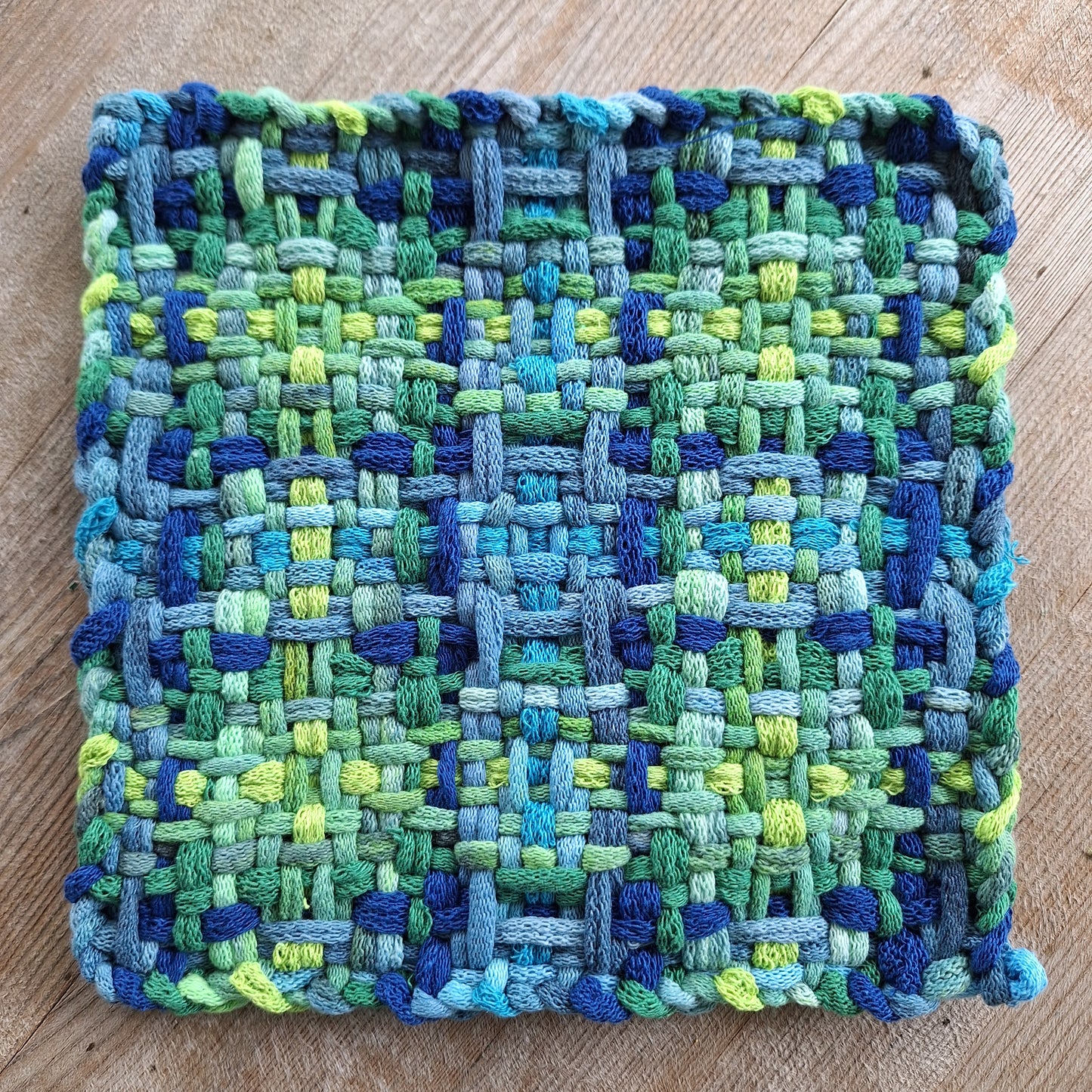 Blue and green chunky plaid handwoven potholder