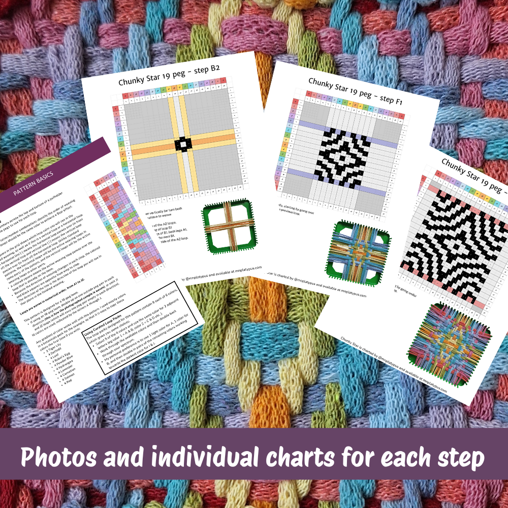 Sample pattern charts and instructions for the Chunky Star potholder weaving tutorial