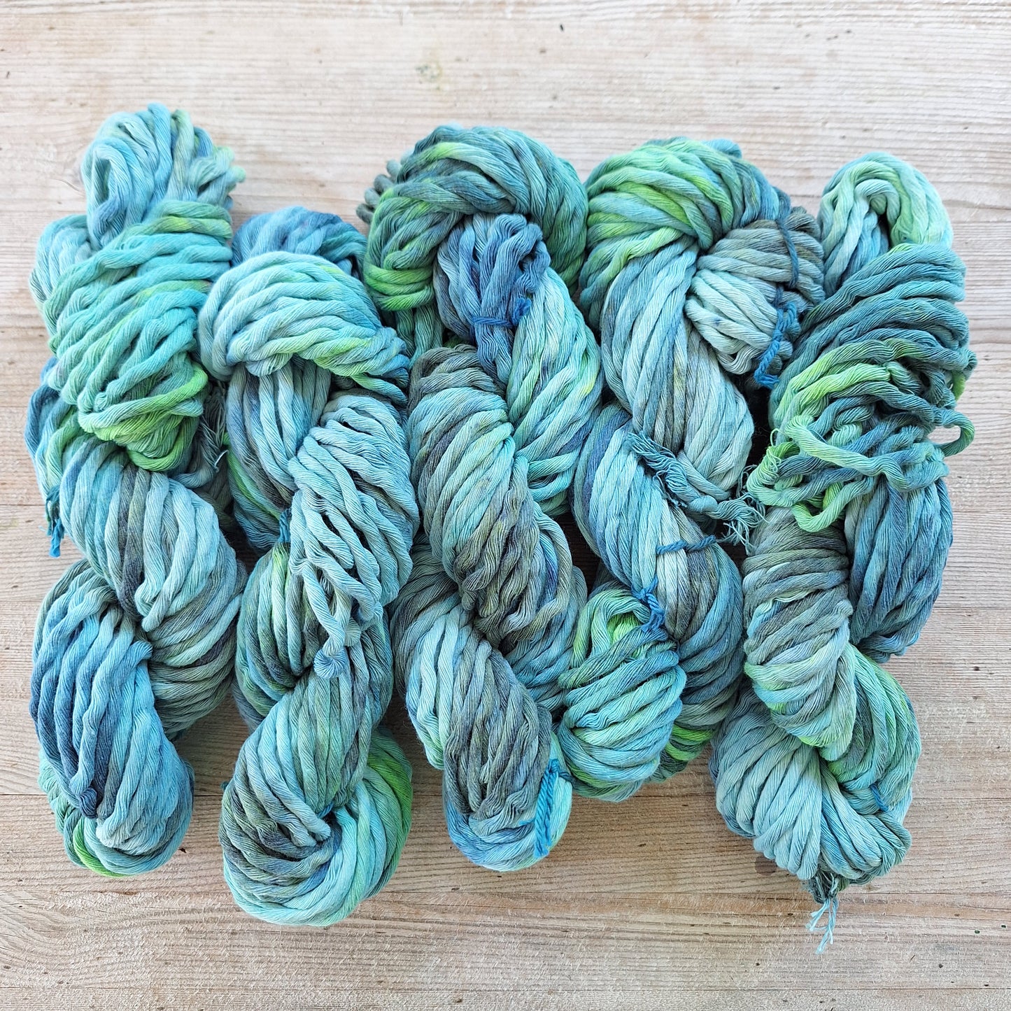 hand dyed cotton macrame cord in lagoon blue and green colorway