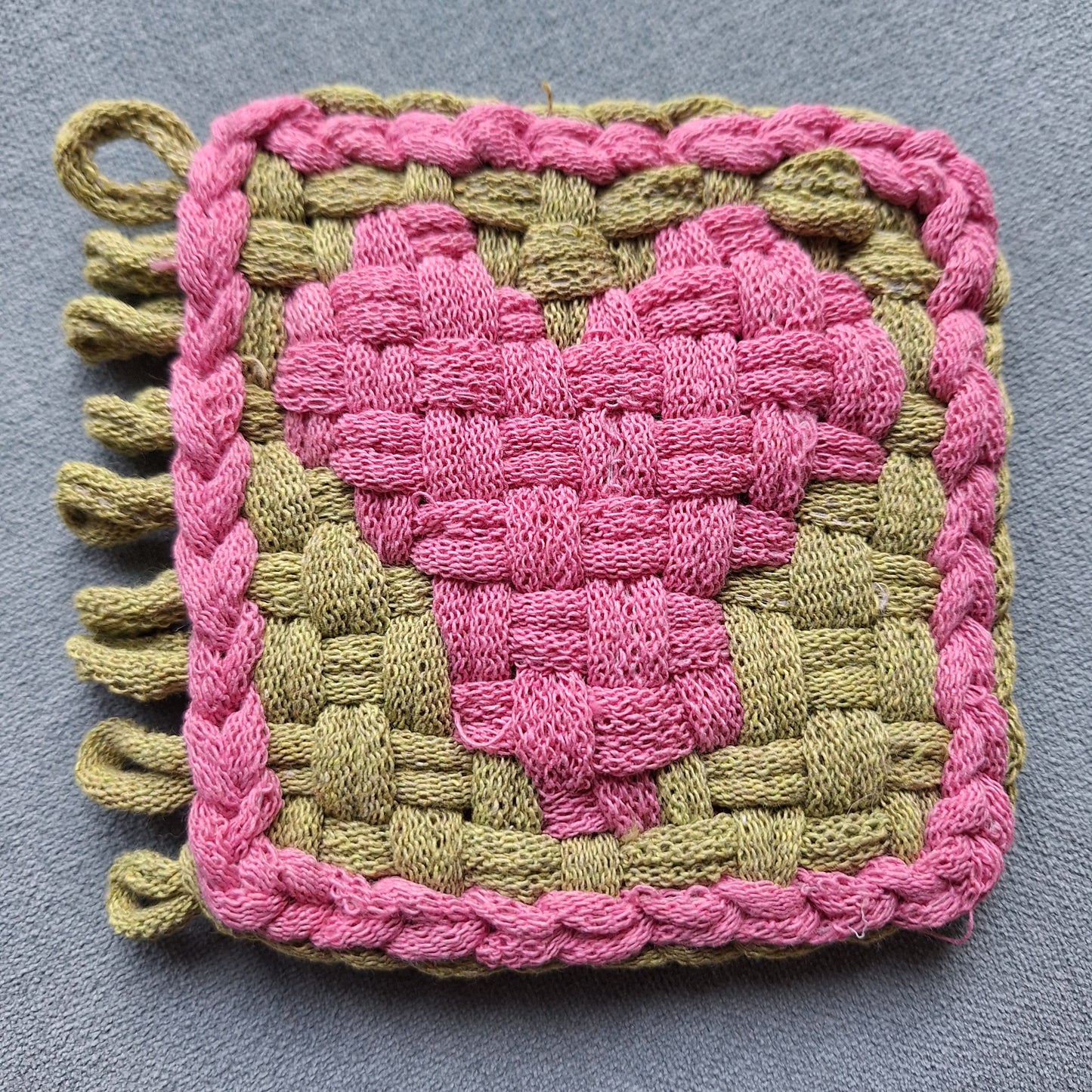 double weave heart potholder ready for binding