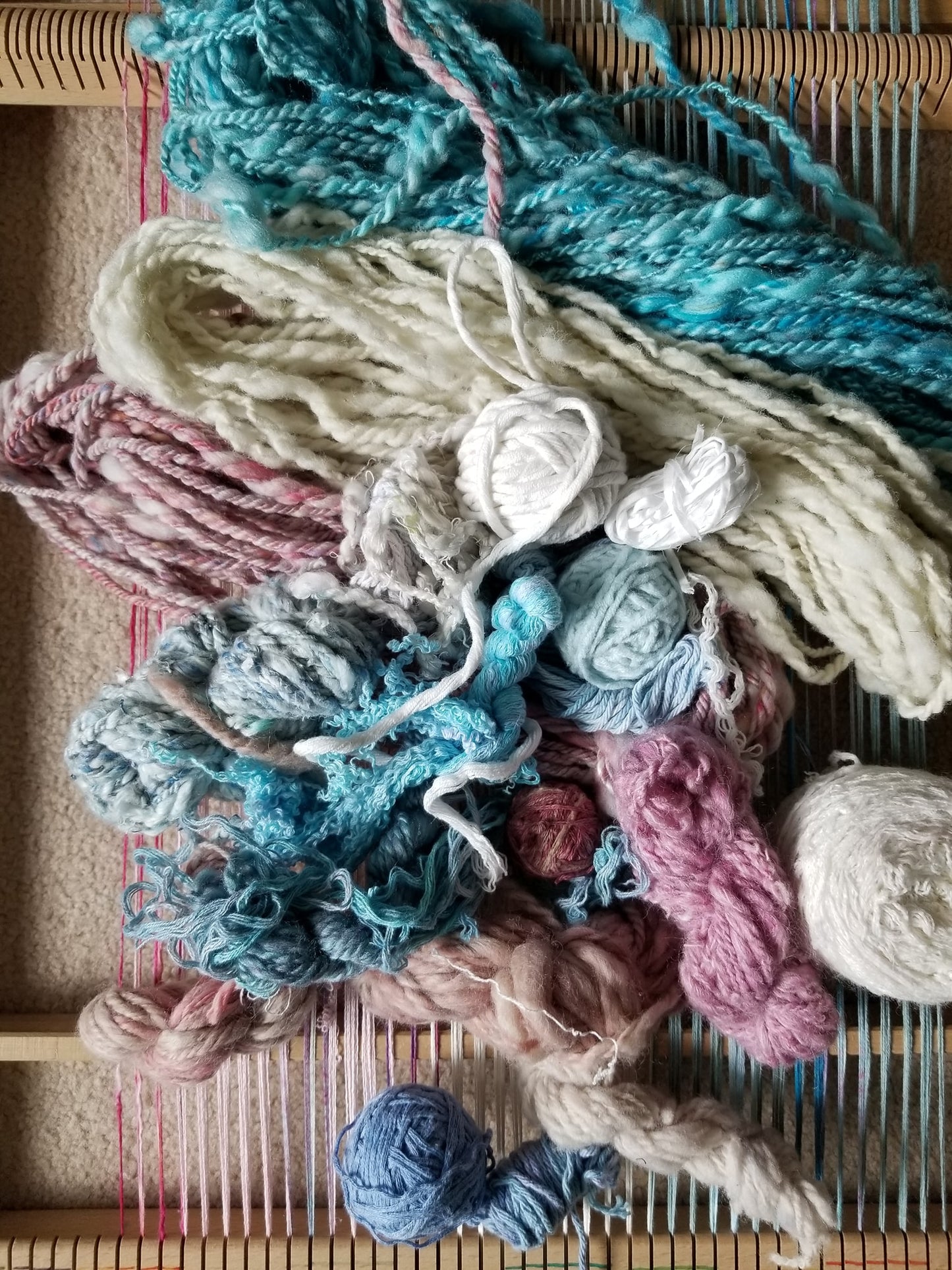 Yarns selected for my Fairy Floss art weaving