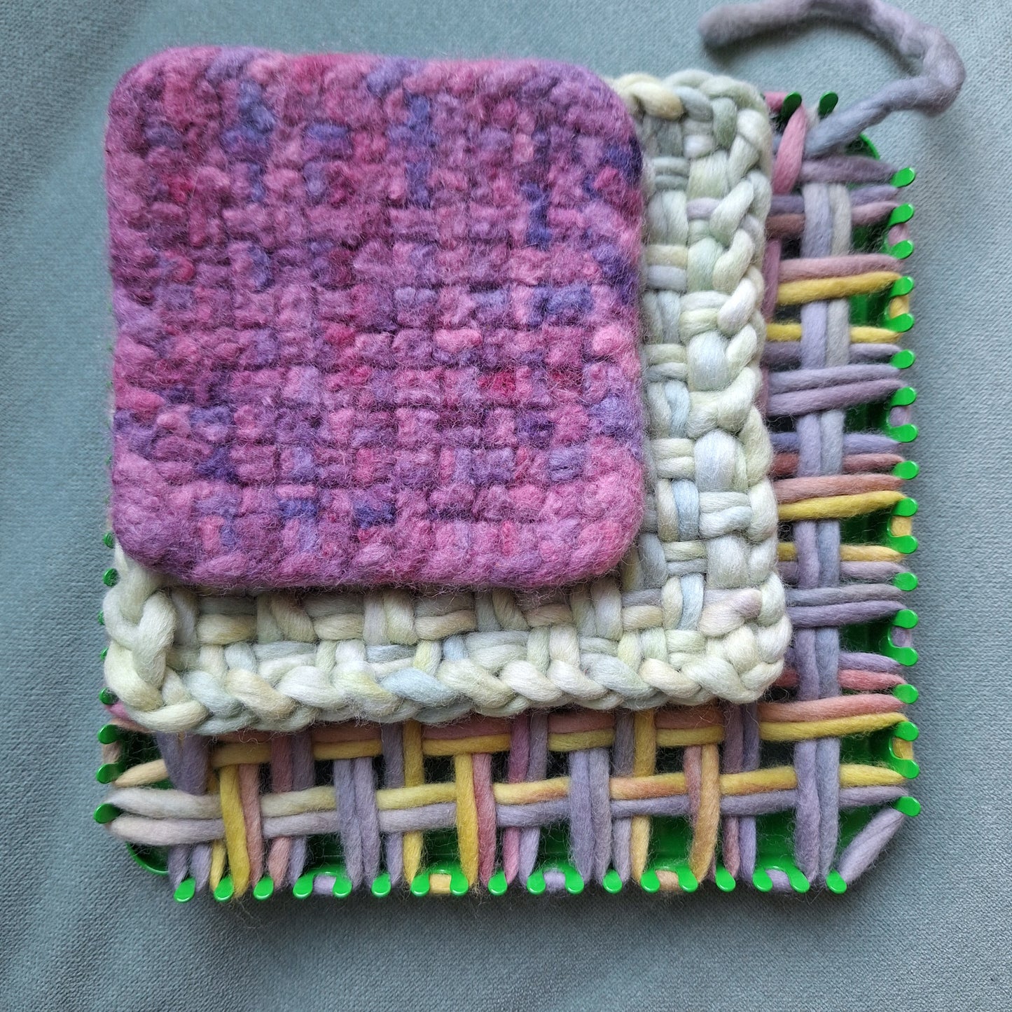 on-loom, off-loom, and felted size comparison of felted coasters