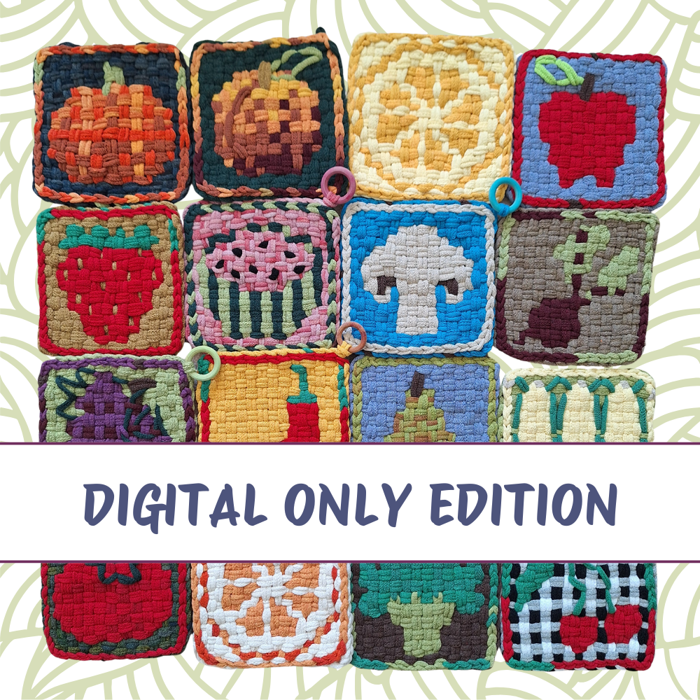 Colorful woven potholers with fruit and vegetable patterns, labeled 'Digital Only Edition'.