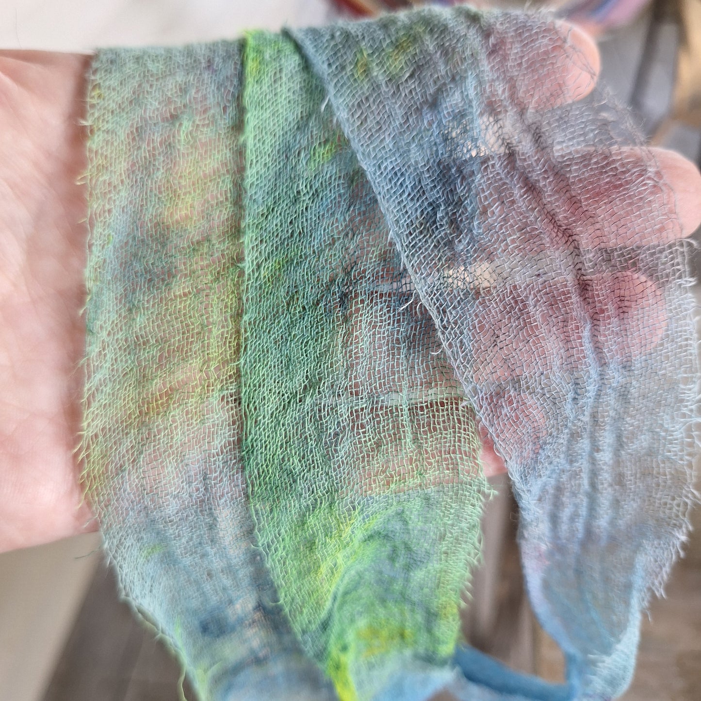 Tide pool gauze ribbon dyed by MNPlatypus