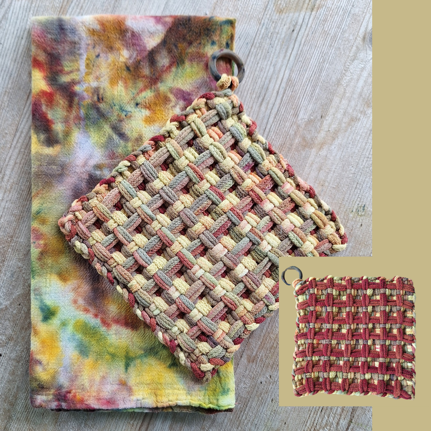set of a hand dyed dishtowel and a handwoven potholder in shades of rust, muted green, and gold