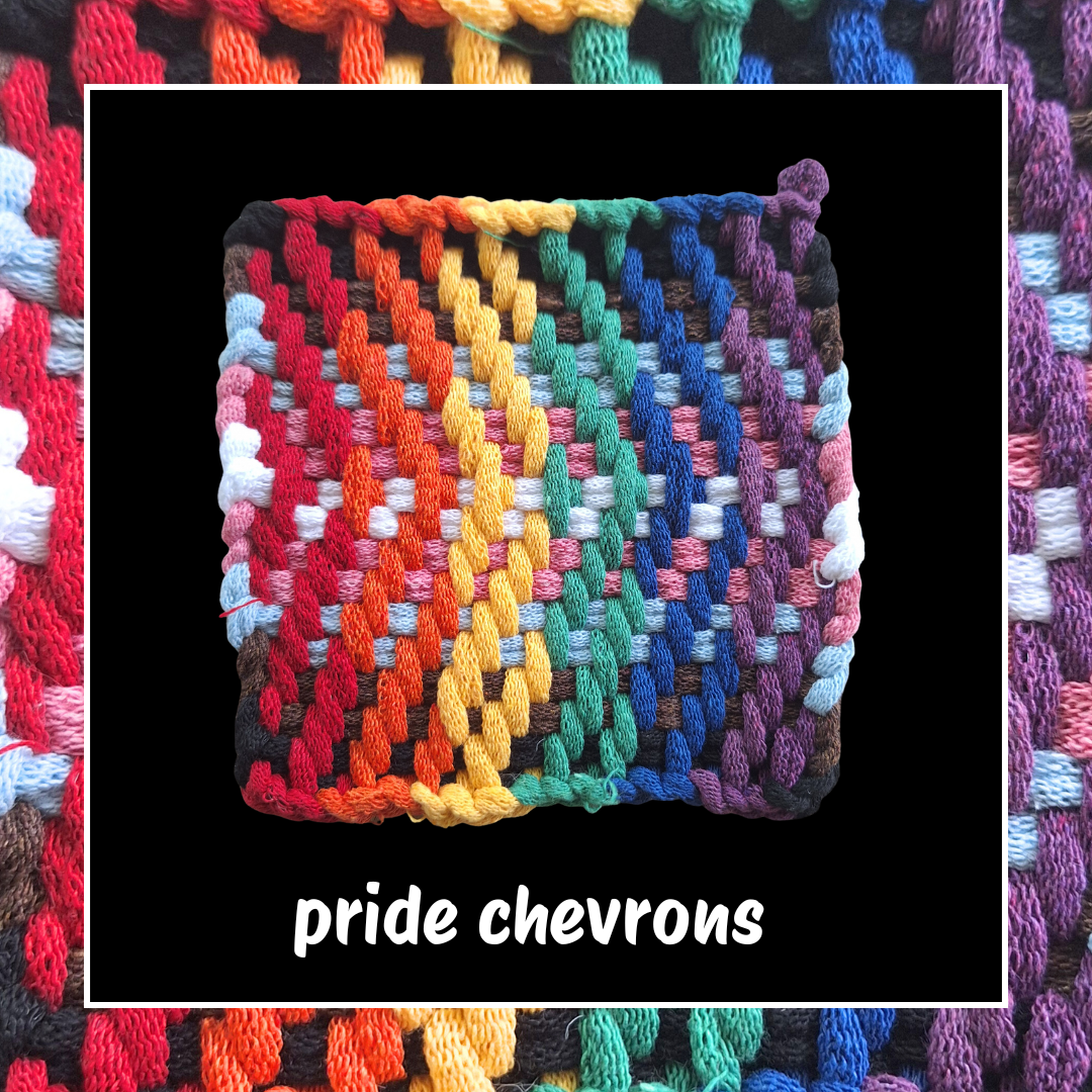 handwoven potholder with rainbow and transgender flag colors