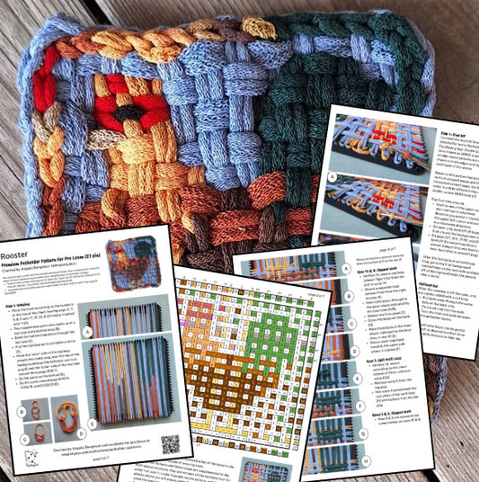 Woven potholder with pattern and instruction thumbnails on a wooden surface