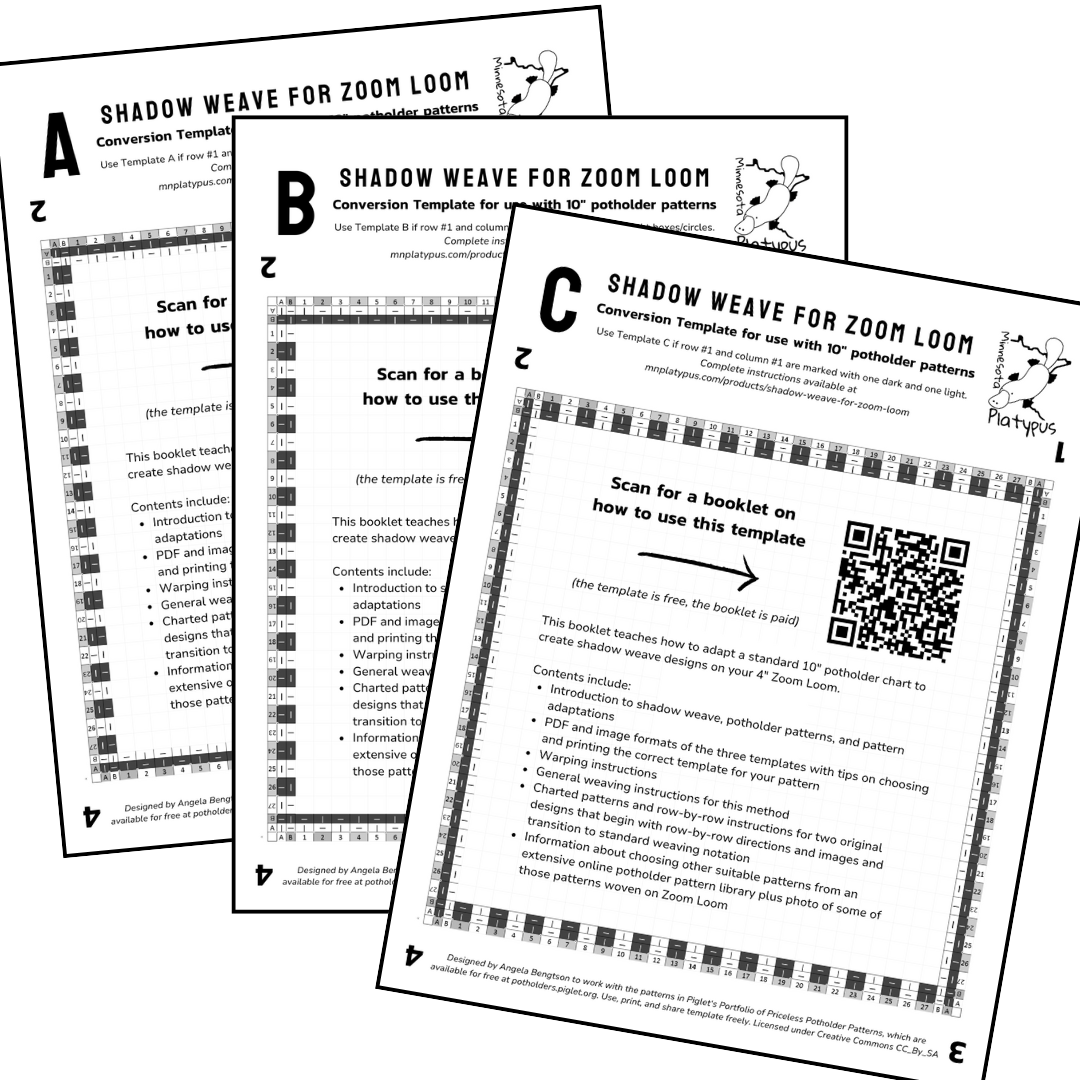 Templates for converting shadow weave potholder patterns to Zoom loom