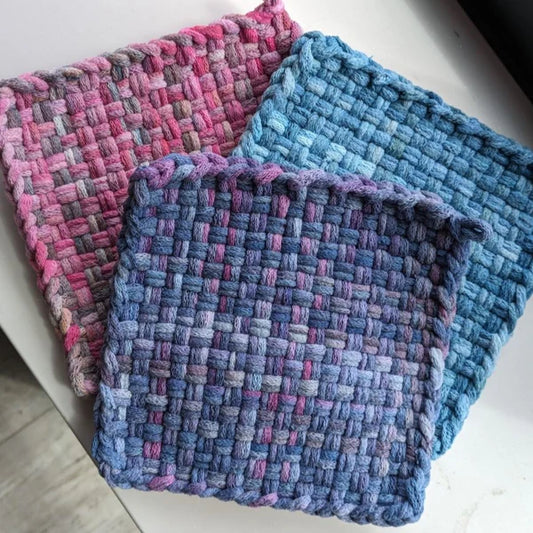 Potholders woven by Marilyn using MNPlatypus variegated cotton loops