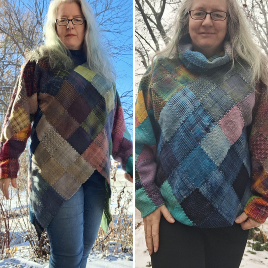 Zoom Loom Sweater with V neck and pointed hem, and Zoom Loom Sweater with cowl neck and straight hem