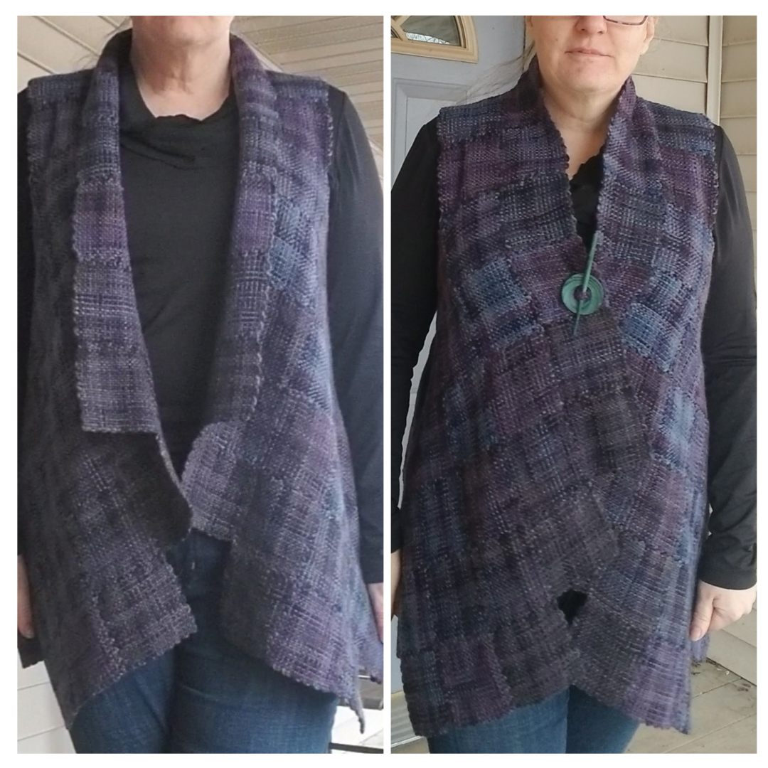 Front view of Zoom Loom vest showing collar turned down and turned up with a shawl pin
