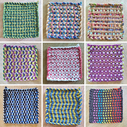 Grid of colorful woven trivet samples on a wooden surface