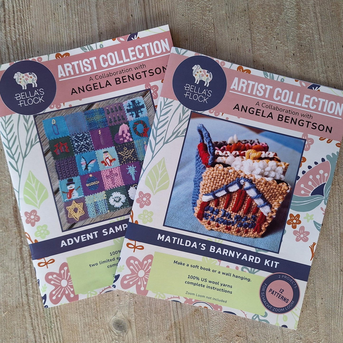 Two retired craft kits from Bella's Flock on a wooden surface