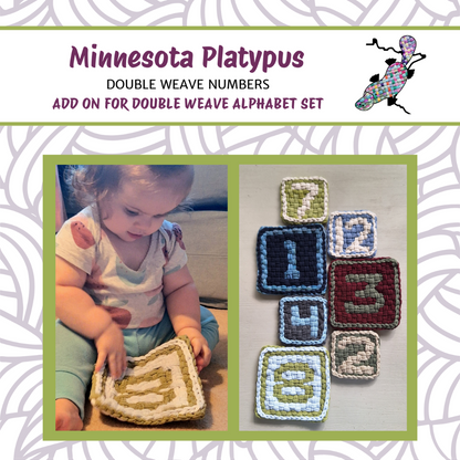 Cover page for Minnesota Platypus double weave numbers pattern set with a child playing with a woven number.