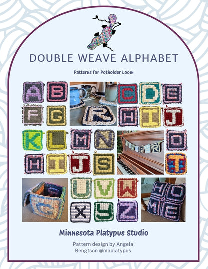 Samples of handwoven potholder letters A-Z and completed projects using letters