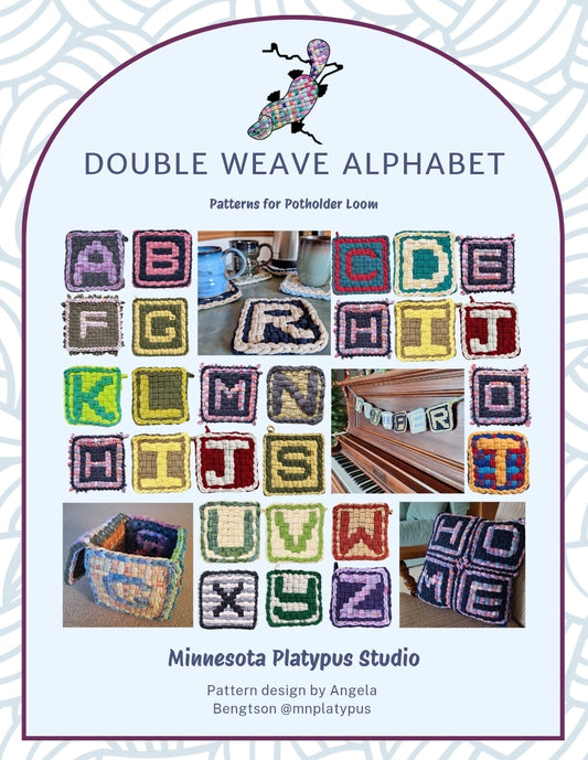 Samples of handwoven potholder letters A-Z and completed projects using letters