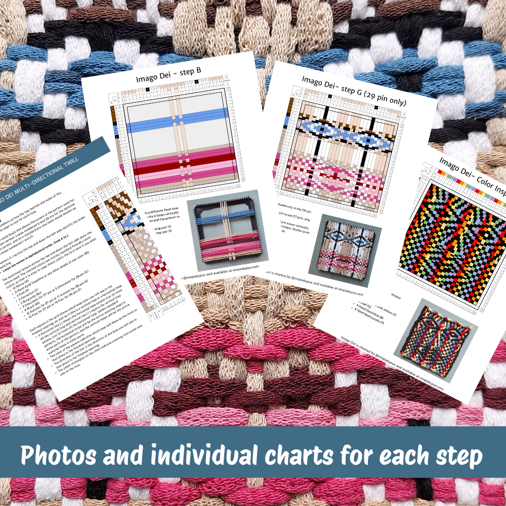 Textile design charts and instructions on a woven fabric background