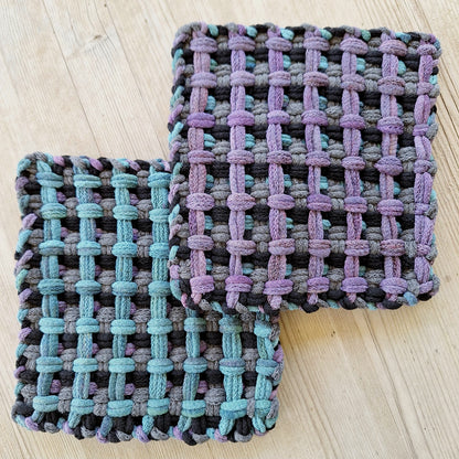 Minnesota Waffle handwoven potholders in dusty teal and purple