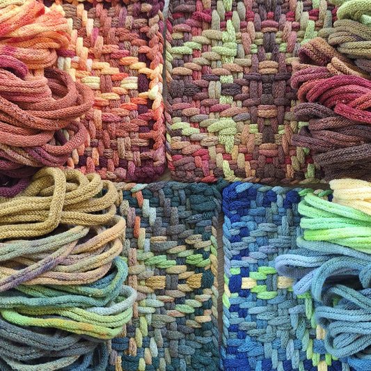 Four examples of the Chunky Star potholder weaving pattern