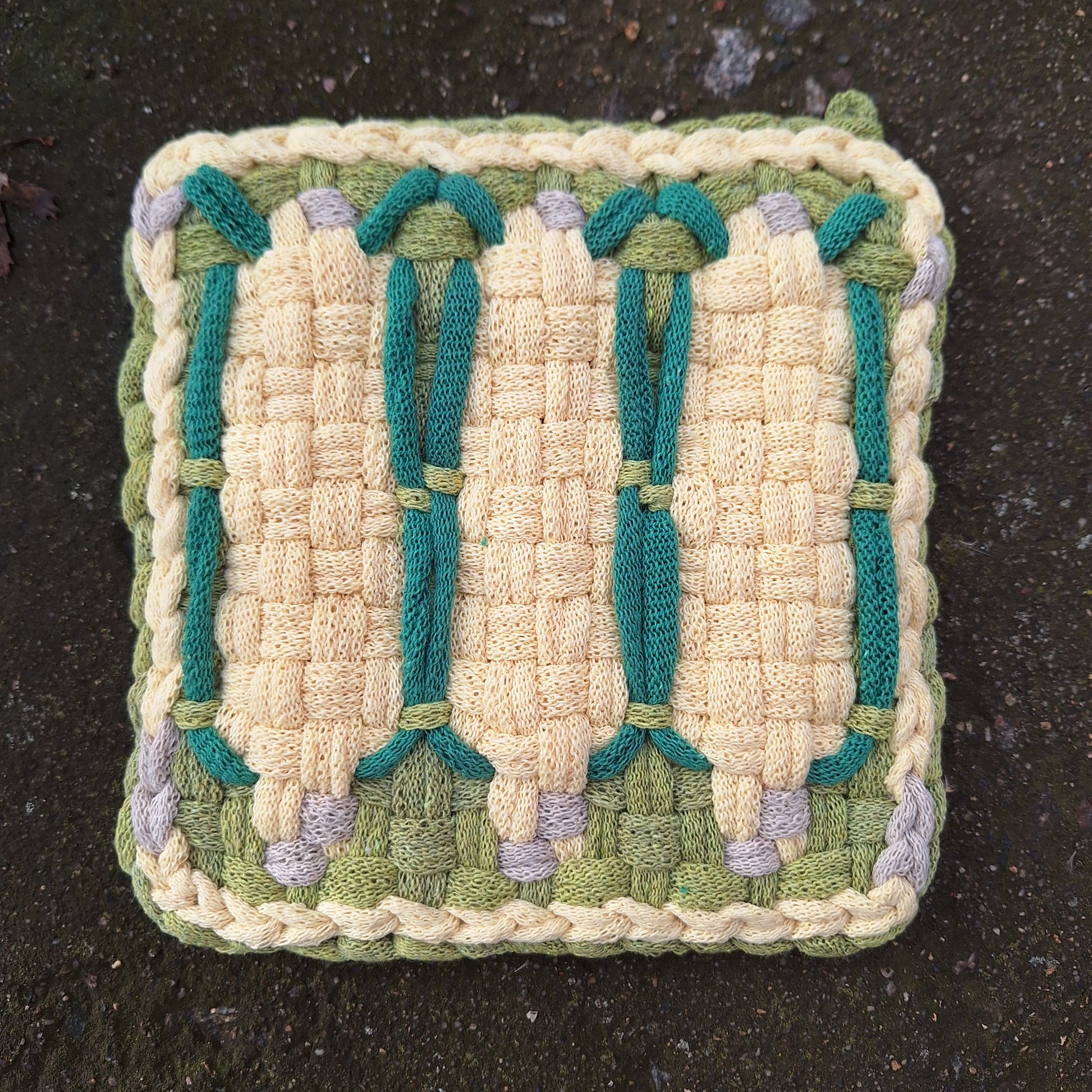 Double weave potholder with a sweet corn graphic design