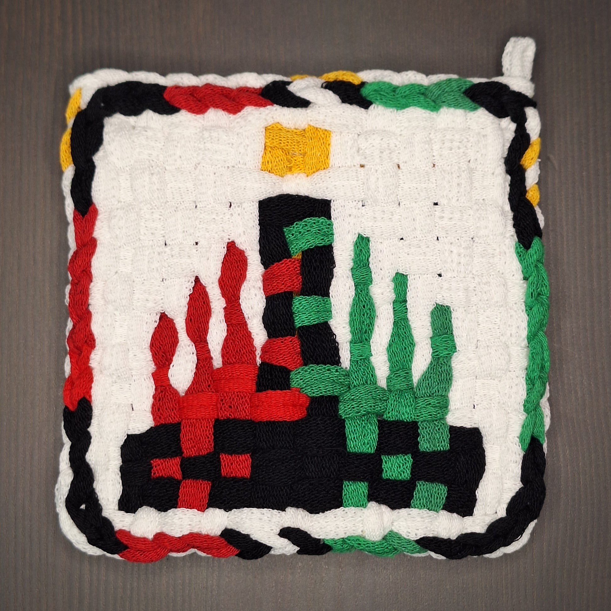 Double weave potholder with a Kwanzaa candles image