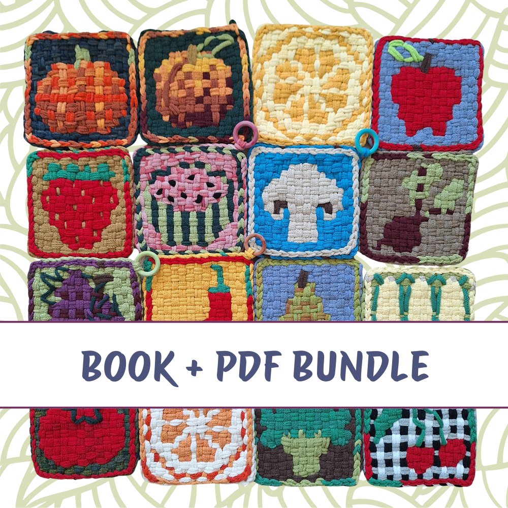 Colorful woven potholers with fruit and vegetable patterns, labeled 'Book + PDF Bundle'.