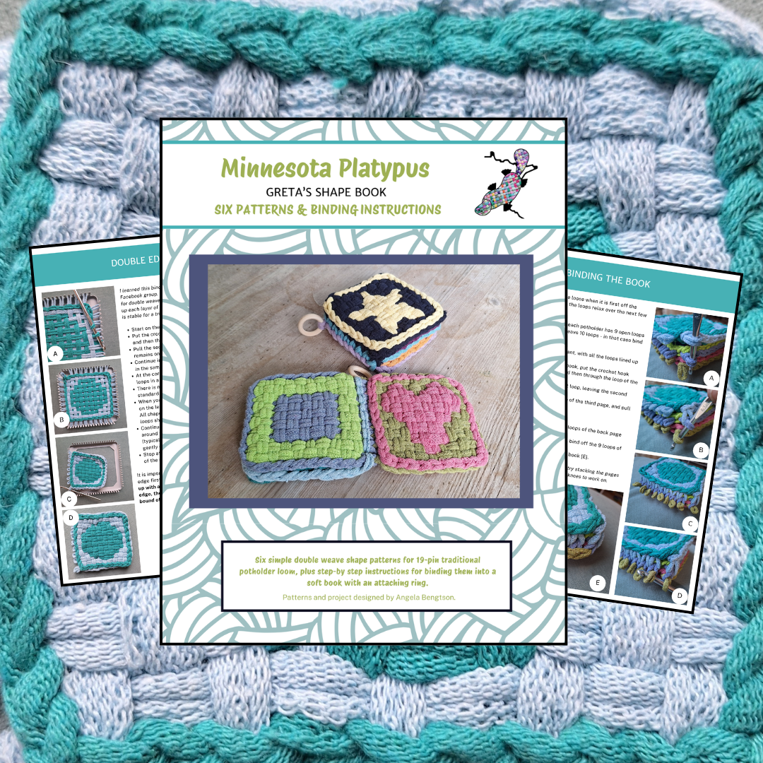 Minnesota Platypus double weave Greta's Shapes pattern book on a textured knitted background