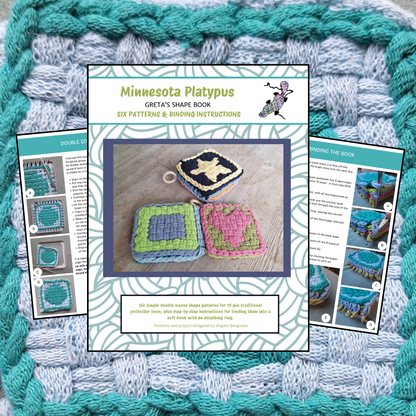 Minnesota Platypus double weave Greta's Shapes pattern book on a textured knitted background