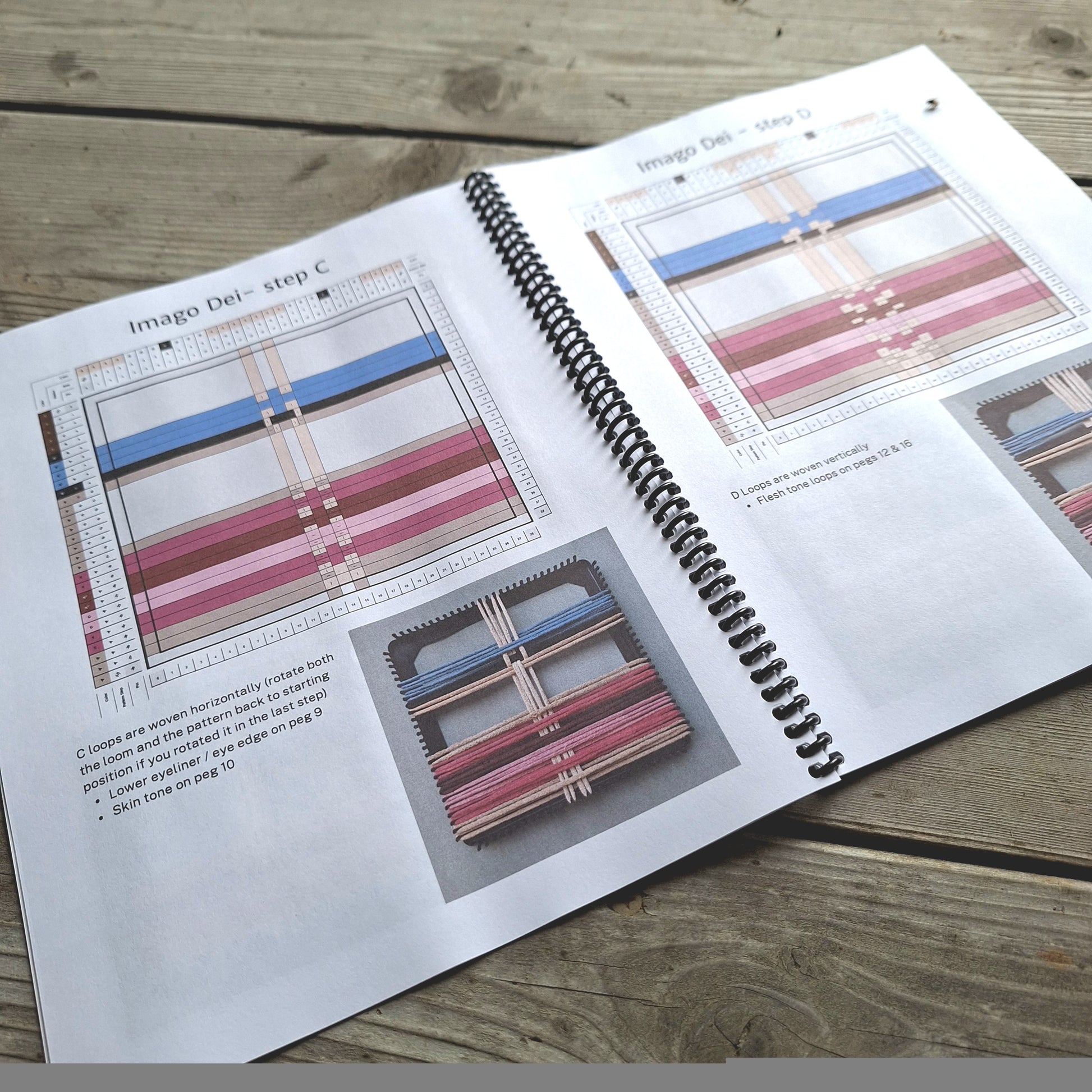An open spiral-bound pattern booklet  laid on a rustic wooden surface, showing weaving design diagrams and on-loom photos.