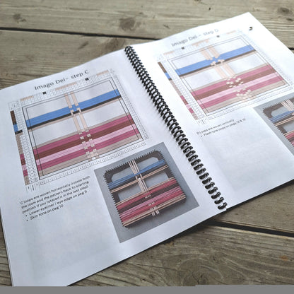 An open spiral-bound pattern booklet  laid on a rustic wooden surface, showing weaving design diagrams and on-loom photos.