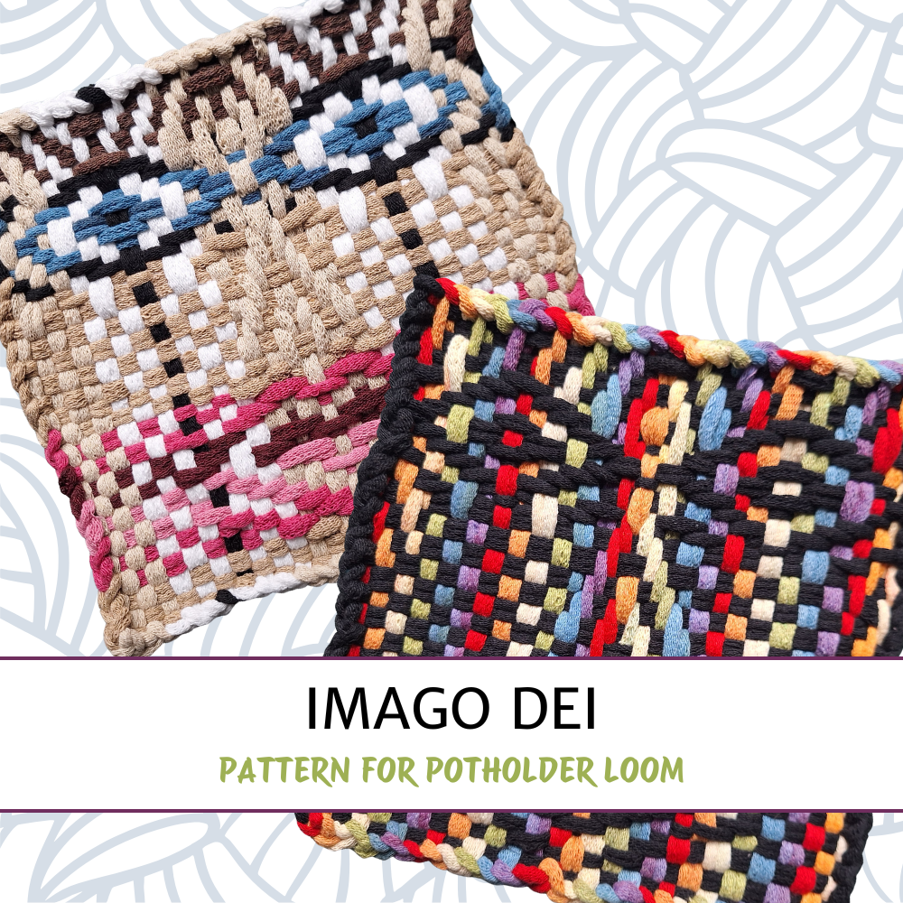 Two woven potholders with a geometric face design on a white background, with the text 'Imago Dei pattern for potholder loom'.