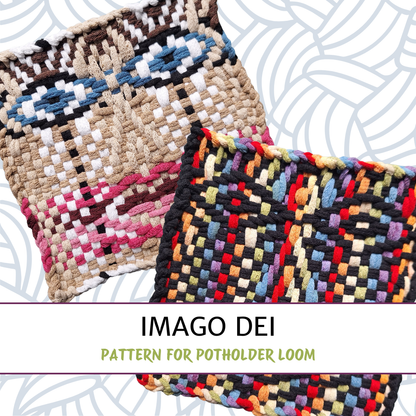 Two woven potholders with a geometric face design on a white background, with the text 'Imago Dei pattern for potholder loom'.