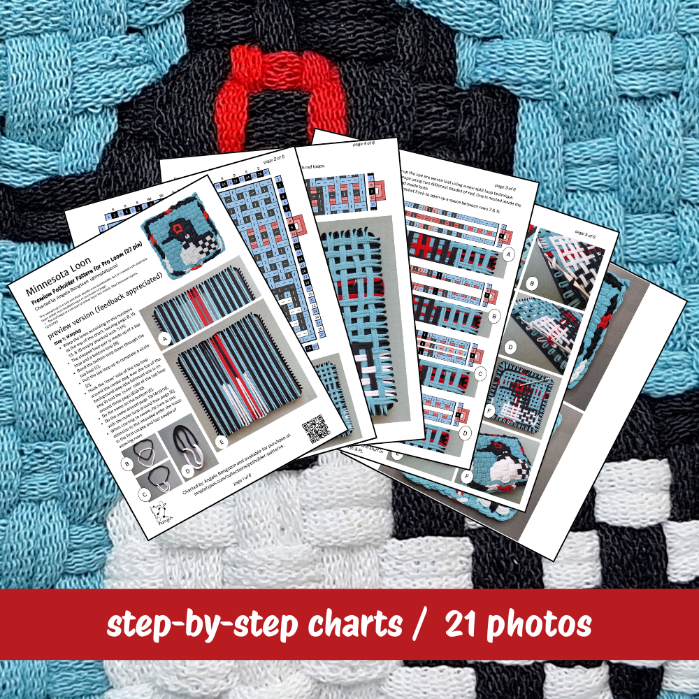 Weaving pattern sheets with step-by-step charts and photos on a textured woven background