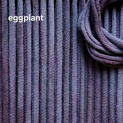 Close-up of eggplant colored hand dyed potholder loops