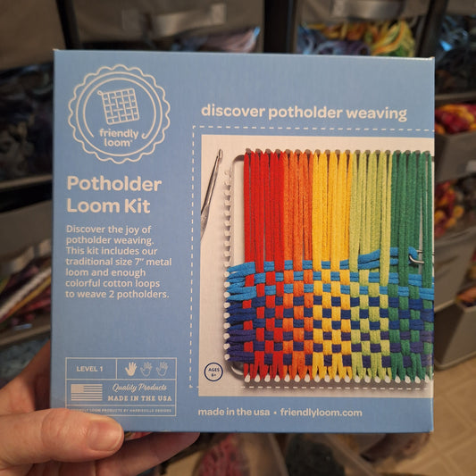 Potholder loom kit packaging with colorful looms 