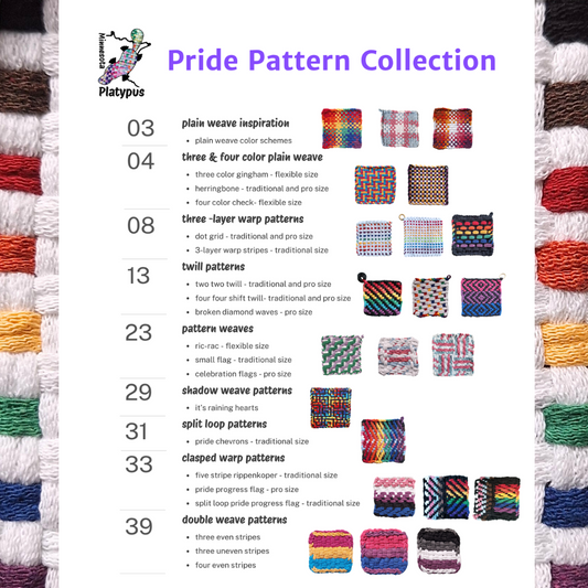 Pride Pattern Collection index with various weaving patterns displayed on a white background.