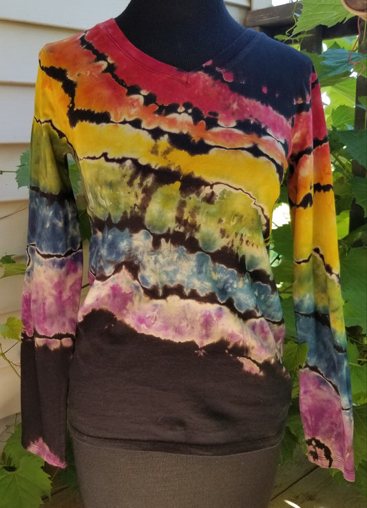muted rainbow tie dye on a long sleeve shirt