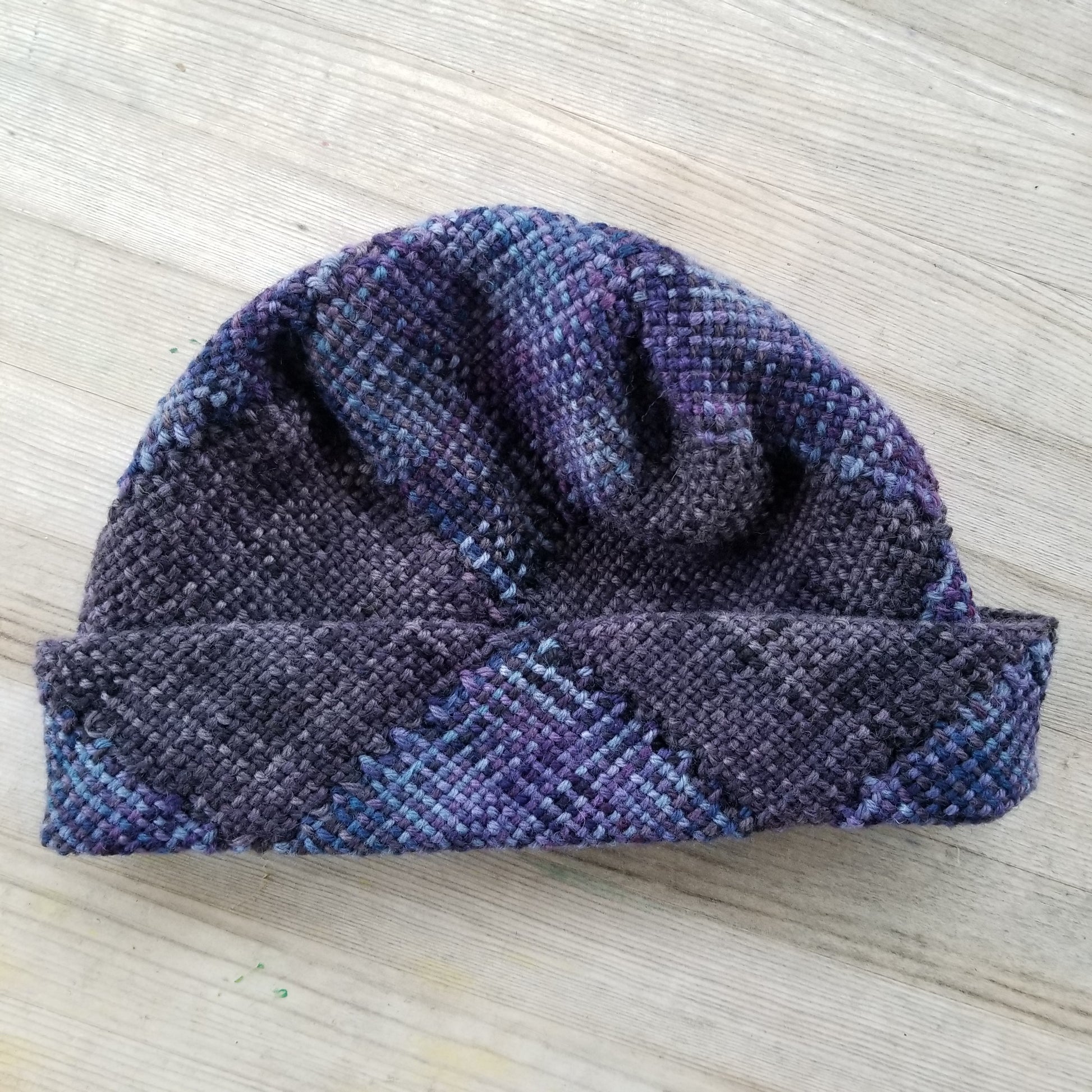 Medium length Zoom Loom hat folded up once