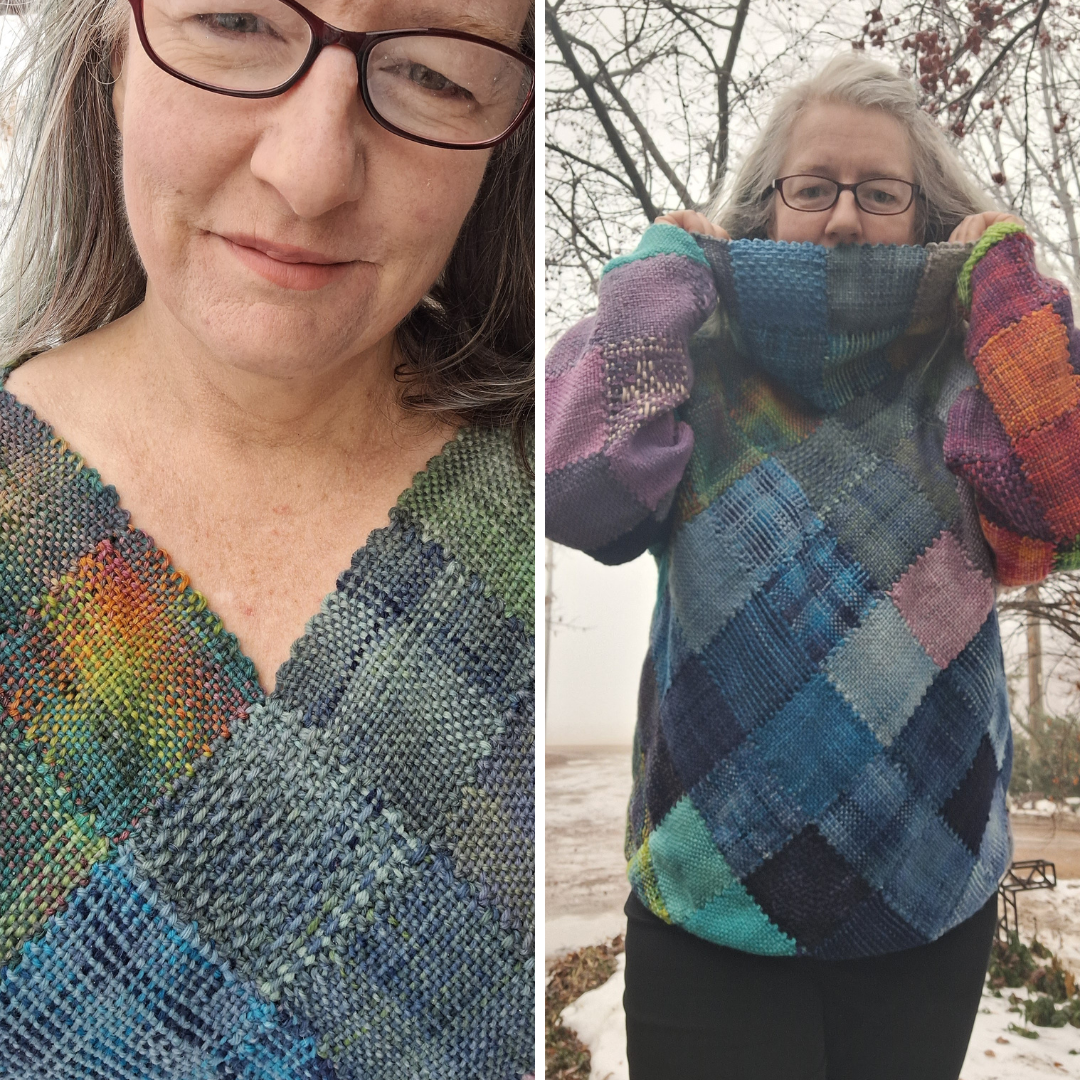 Two of the options for necklines in the Zoom Loom Sweater pattern