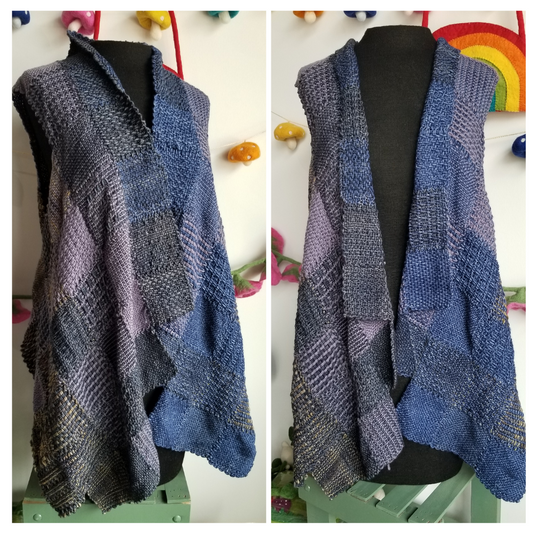 Zoom Loom Vest pattern woven with Malabrigo Rios yarn and a variety of textured woven squares